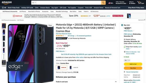 <br />
							Актуальный флагманский смартфон: Motorola Edge+ (2022) c чипом Snapdragon 8 Gen 1, экраном на 144 Гц и 512 ГБ памяти продают на Amazon со скидкой $174<br />
						